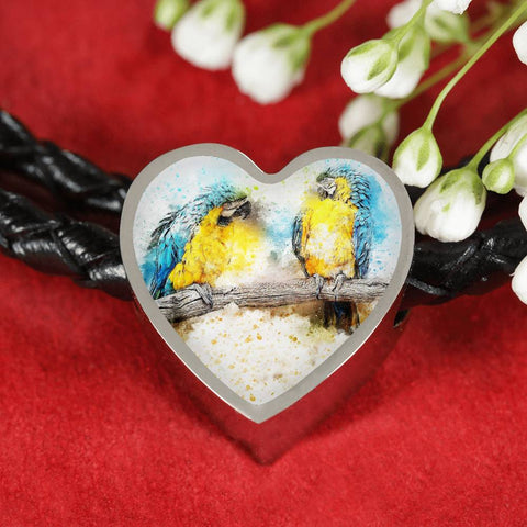 Blue And Yellow Macaw Parrot Art Print Heart Charm Leather Woven Bracelet