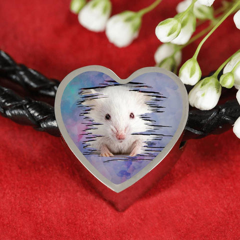 Cute White Hamster Print Heart Charm Leather Woven Bracelet