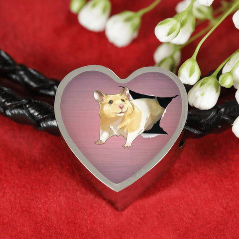 Lovely Hamster Print Heart Charm Leather Woven Bracelet