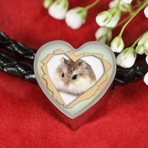 Robo Hamster Print Heart Charm Leather Woven Bracelet