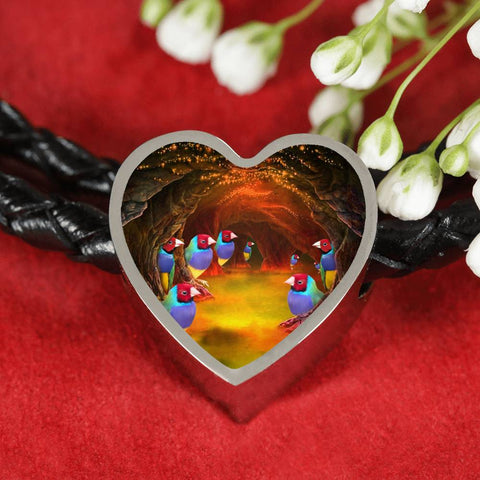 Gouldian Finch (Rainbow Finch) Print Heart Charm Leather Woven Bracelet