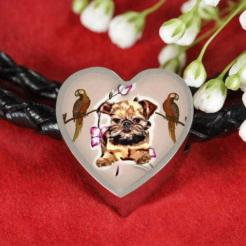 Brussels Griffon Dog Print Heart Charm Leather Bracelet