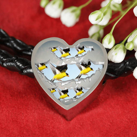 American Goldfinch Bird Print Heart Charm Leather Woven Bracelet