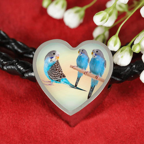 Blue Budgie Parrot Print Heart Charm Leather Woven Bracelet