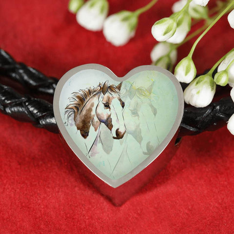American Paint Horse Watercolor Art Print Heart Charm Leather Woven Bracelet