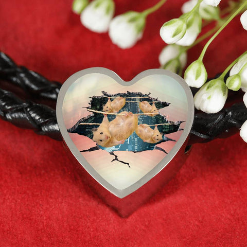 Golden Hamster Print Heart Charm Leather Woven Bracelet