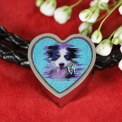 Border Collie Dog Art Print Heart Charm Leather Woven Bracelet