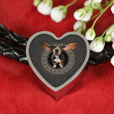 Amazing Basset Hound Dog Print Heart Charm Leather Bracelet
