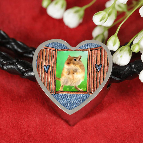 Golden Hamster Art Print Heart Charm Leather Woven Bracelet