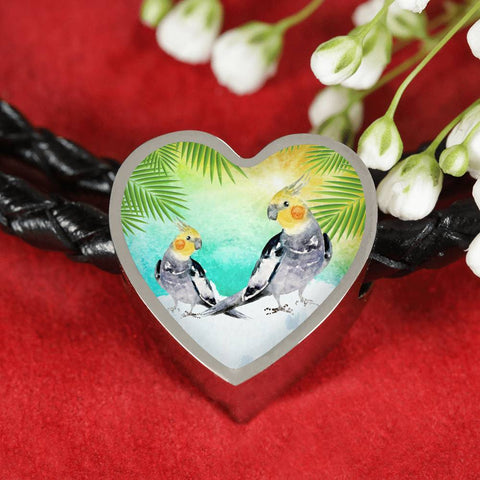 Cockatiel Parrot Art Print Heart Charm Leather Woven Bracelet