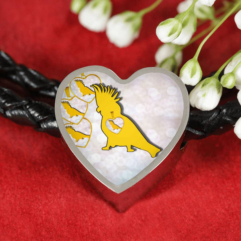 Cockatoo Parrot Art Print Heart Charm Leather Woven Bracelet