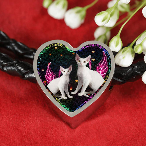 Devon Rex Cat Print Heart Charm Leather Woven Bracelet