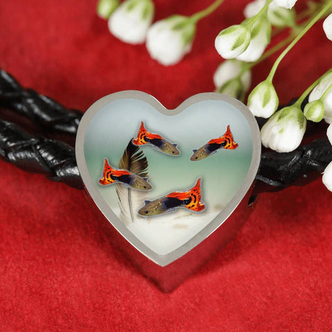 Lovely Common Molly Fish Print Heart Charm Leather Woven Bracelet