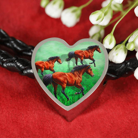 Arabian Horse Art Print Heart Charm Leather Woven Bracelet