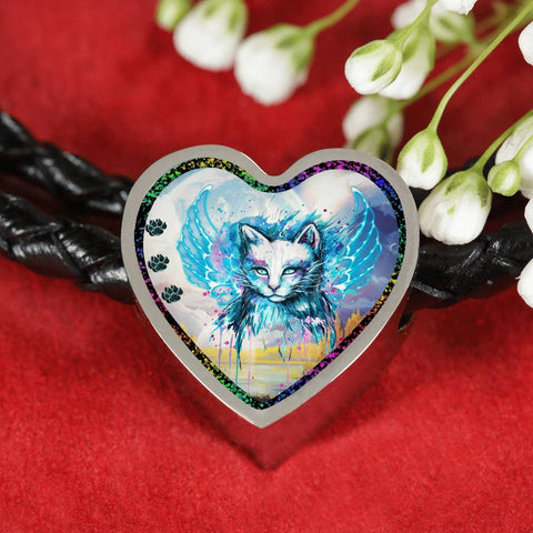 Cat Watercolor Art Print Heart Charm Leather Woven Bracelet