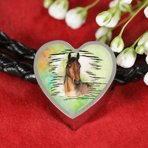 Thoroughbred Horse Art Print Heart Charm Leather Woven Bracelet