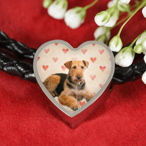 Airedale Terrier Print Luxury Heart Charm Leather Bracelet