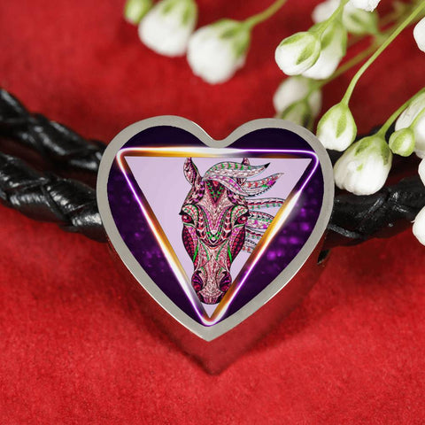 Horse Designer Art Print Heart Charm Leather Woven Bracelet