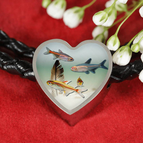 Glowlight Tetra Fish Print Heart Charm Leather Bracelet