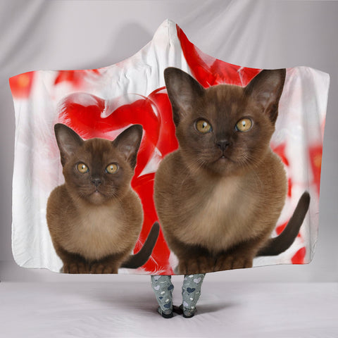 Cute Burmese Cat On Red Print Hooded Blanket