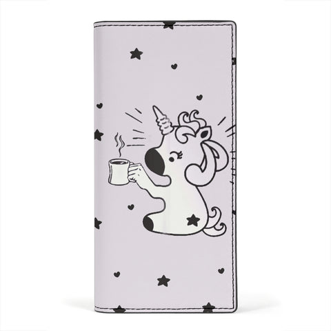 Cute Unicorn Drinking Coffee Print Women's Leather Wallet