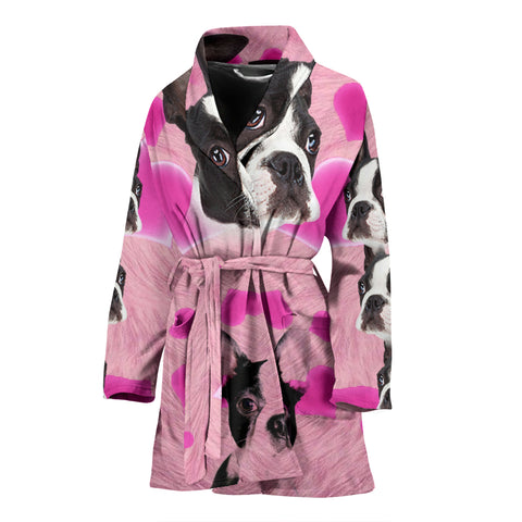 Boston Terrier On Pink Print Women's Bath Robe
