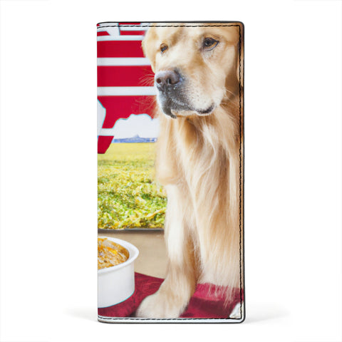 [AI Generated] Golden Retriever with a bowl from Ohio Print Women's Leather Wallet