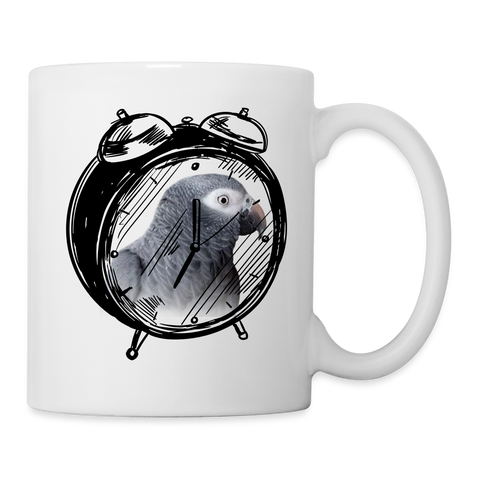 African Grey Parrot in Alarm Clock Print Coffee/Tea Mug - white