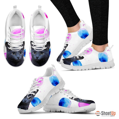 Russian Blue Cat Print (White/Black) Running Shoes For Women