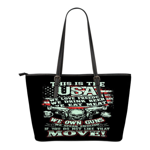 This Is USA We Own GunsSmall Leather Tote Bag