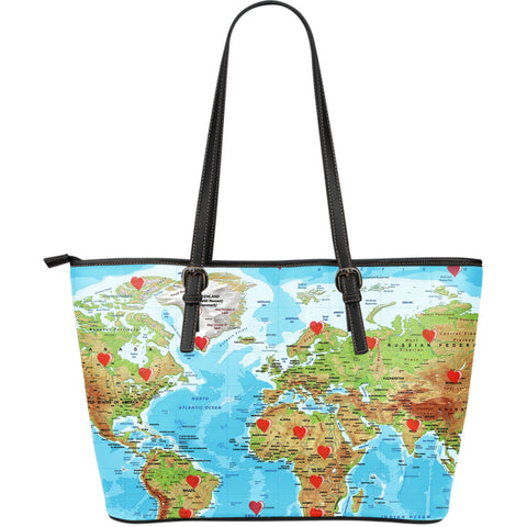 Valentine's Day Special World Map Print Large Leather Tote Bag