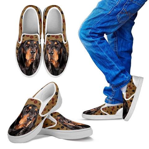 Black and Tan Coonhound Dog Print Slip Ons For KidsExpress Shipping