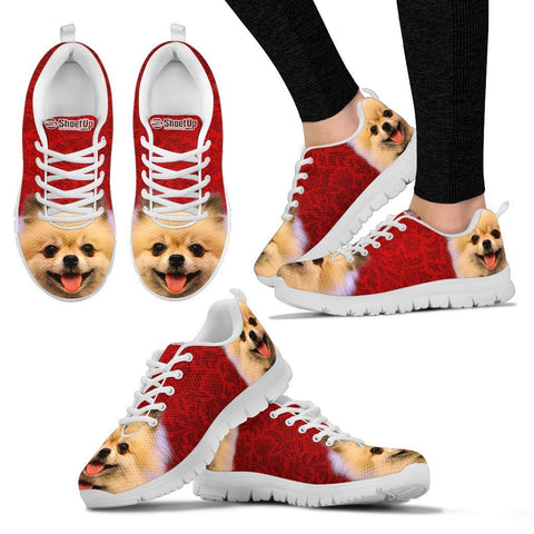 Cute Pomeranian On Red Print Running Shoes For Women