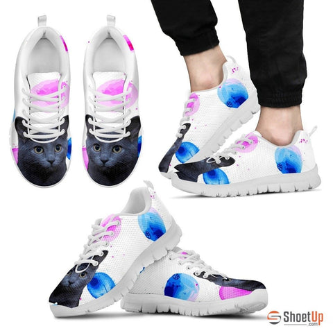 Russian Blue Cat Print (White/Black) Running Shoes For Men