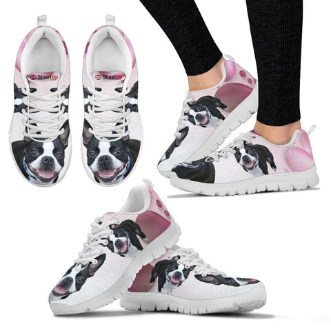 Boston Terrier Pink White Print Running Shoes For Women