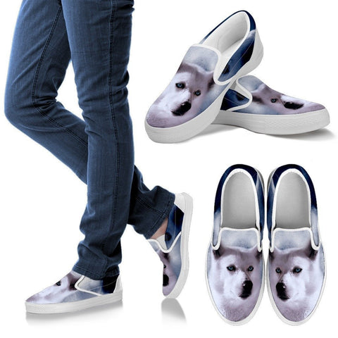 White Husky Print Slip Ons For Women Express Shipping