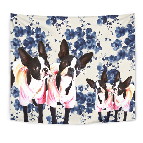 Boston Terrier On Floral Print Tapestry