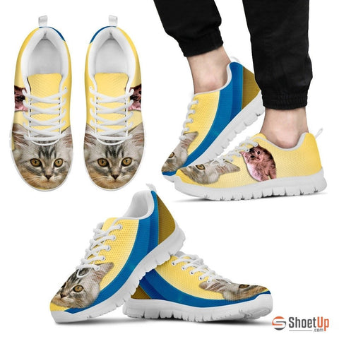 Cute Siberian Cat Print Sneakers For Men (White/Black)