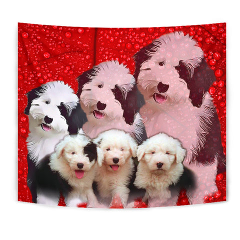 Old English Sheepdog On Red Print Tapestry