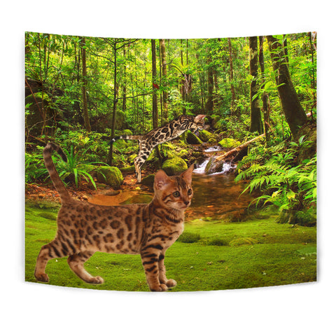 Bengal Cat In Jungle Print Tapestry