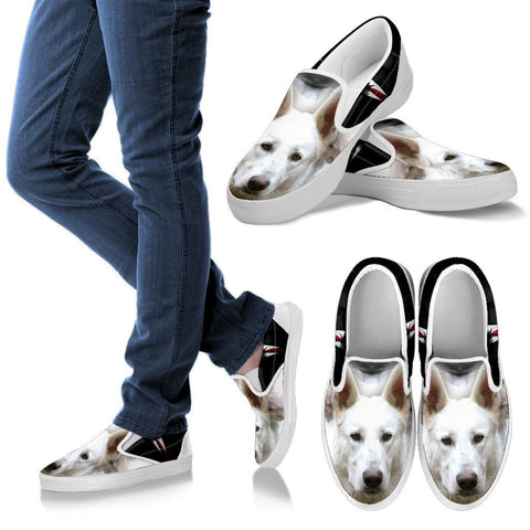 White Shepherd Print Slip Ons For Women Express Shipping