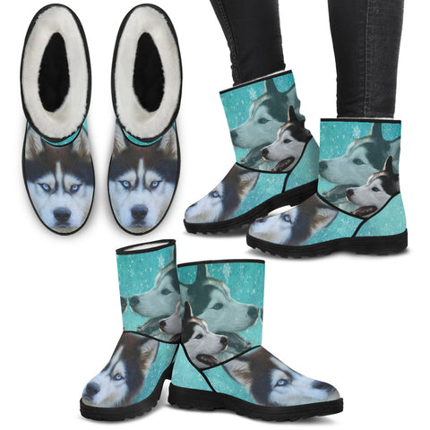 Siberian Husky Print Faux Fur Boots For Women