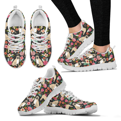 Pug Dog Floral Print Sneakers For Women