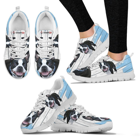 Boston Terrier Blue White Print Sneakers For Women