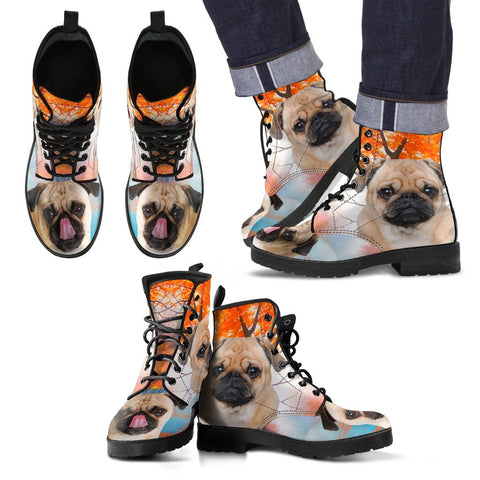Cute Pug Print Leather Boots For Men Express Shipping