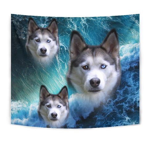 Siberian Husky On Ocean Print Tapestry