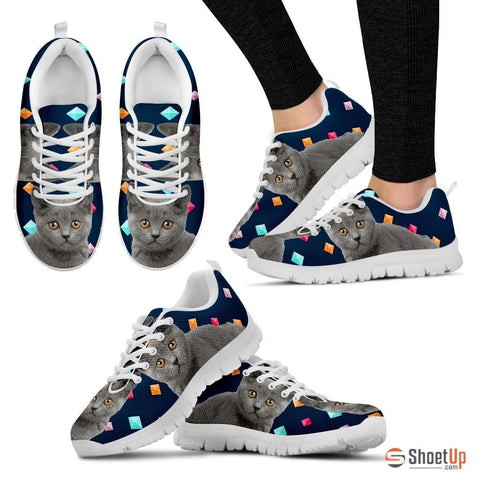 Chartreux Cat Print (White/Black) Running Shoes For Women
