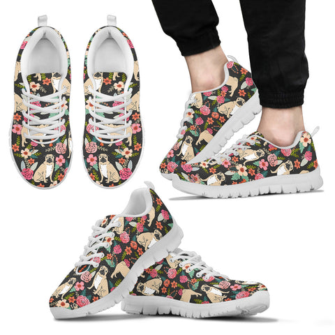 Pug Dog Floral Print Sneakers For Men