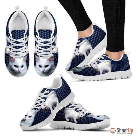 White Turkish Angora Cat Print Sneakers For Women (White/Black)