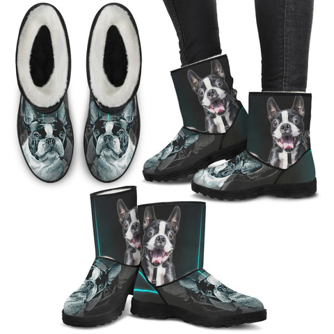 Boston Terrier Print Faux Fur Boots For Women